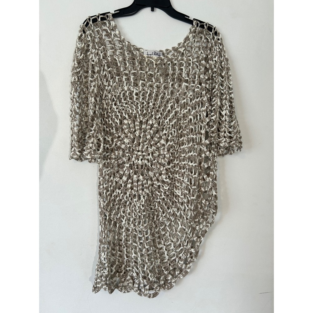 Joseph Ribkoff Crochet Knit Asymmetrical Tunic Top Kimono‎ Sleeve Beige White S
